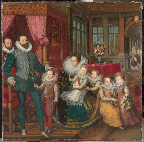 Familieportret van Karel van Arenberg (1550-1616) en Anna van Croÿ (1564-1635) met viif van hun twaalf kinderen