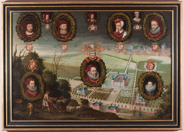 View of the estate at Heverlee and the town of Aarschot, with ten portrait medallions of members of the Croÿ-Arenberg dynasty