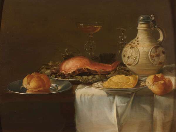 Still life with jug, dishes with food and two glasses