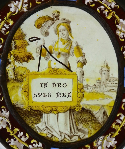 Lady with a cartouche with heraldic motto