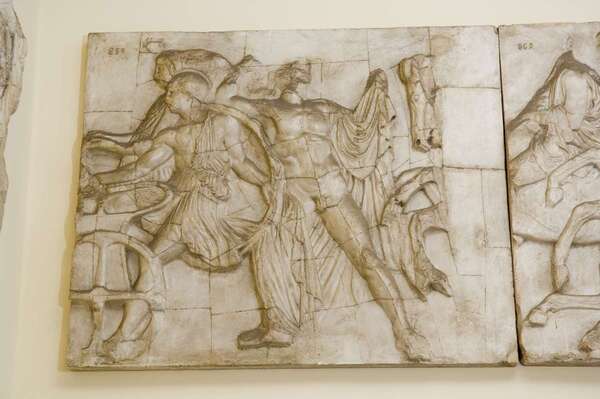 Parthenon frieze (plaster cast): Warriors with moving chariots