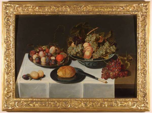 Still life with grapes, plumbs, peaches and a bun